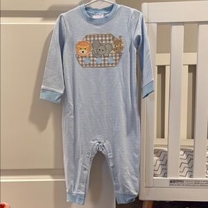 Blue Striped Baby Onesie with Animal Appliqué